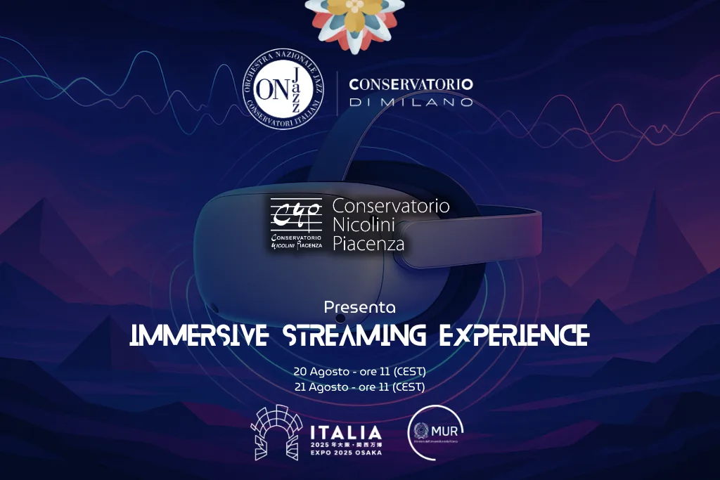 Lo schermo d’attesa delle dirette del 20 e del 21 agosto 2025: un visore su un paesaggio di onde viola, i marchi dell’Orchestra Nazionale Jazz, del Conservatorio di Milano e del Conservatorio Nicolini, e la scritta «Presenta Immersive Streaming Experience».