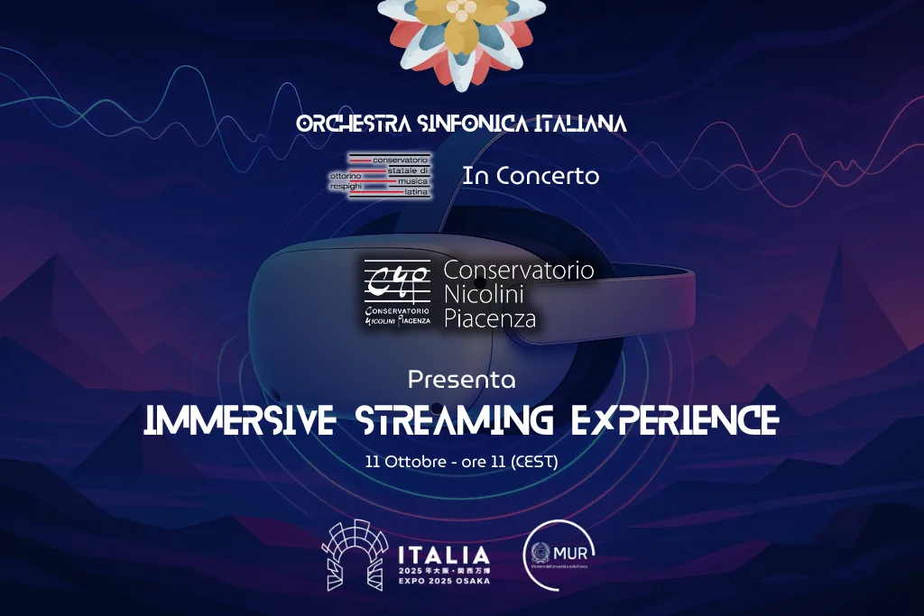 Lo schermo d’attesa della diretta dell’11 ottobre 2025: lo stesso visore sulle onde viola, «Orchestra Sinfonica Italiana in concerto», il marchio del Conservatorio Nicolini e la scritta «Presenta Immersive Streaming Experience».